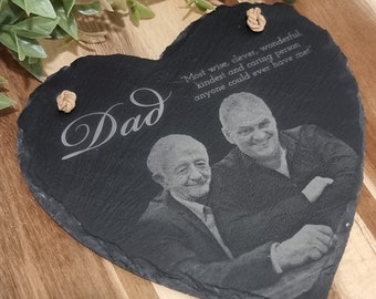 Personalised Hanging Slate Heart with Engraved Photo - Customisable Gift for Wedding, Anniversary, Housewarming, Valentines Day, Fathers day