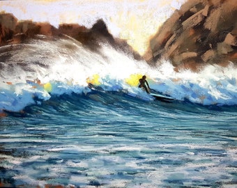 Surfs Up! - Irland Co. Waterford Annestown - Original Weiches Pastellgemälde 10x14"