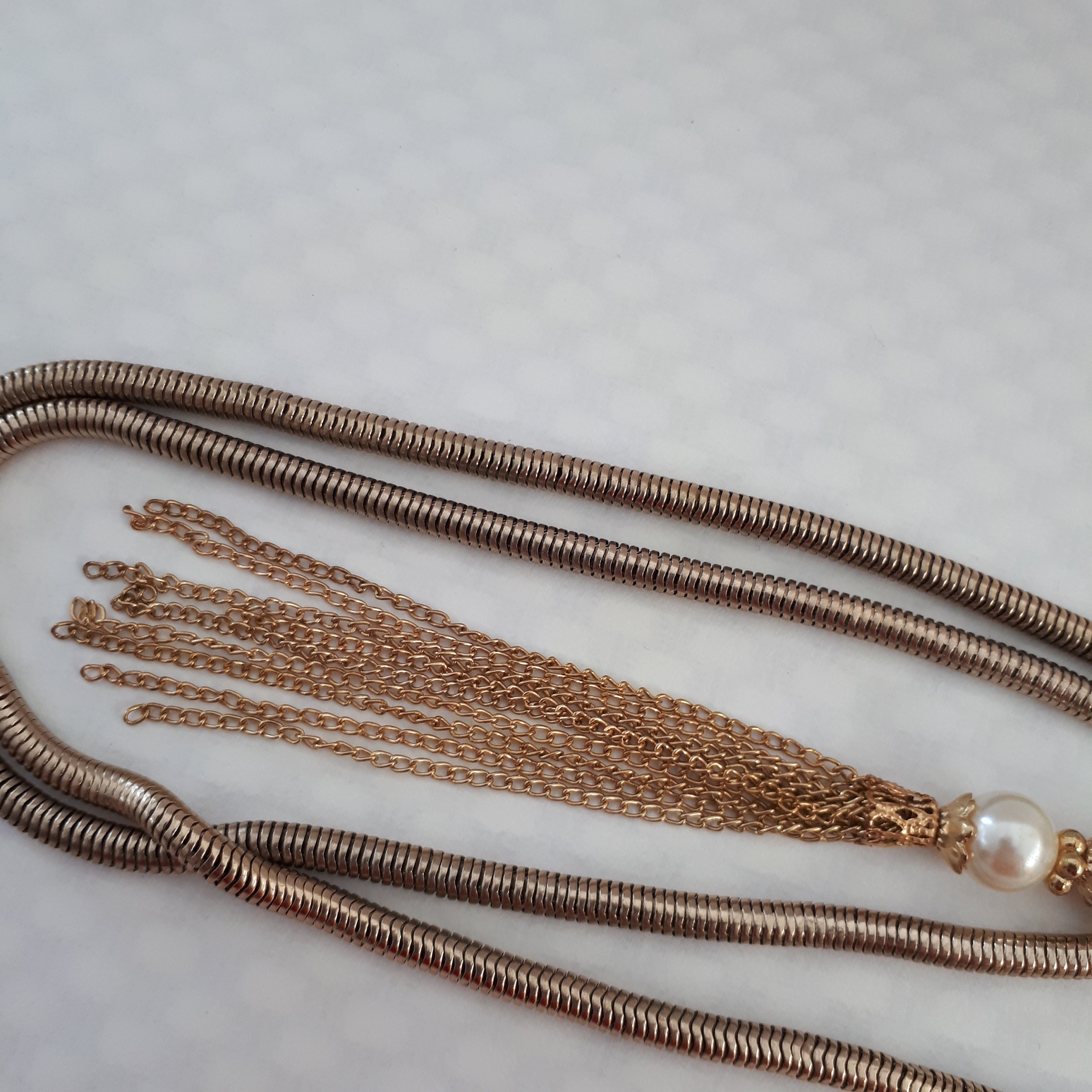 Vintage Long Silver Tone Snake Chain With Faux Pearls and Dangling ...