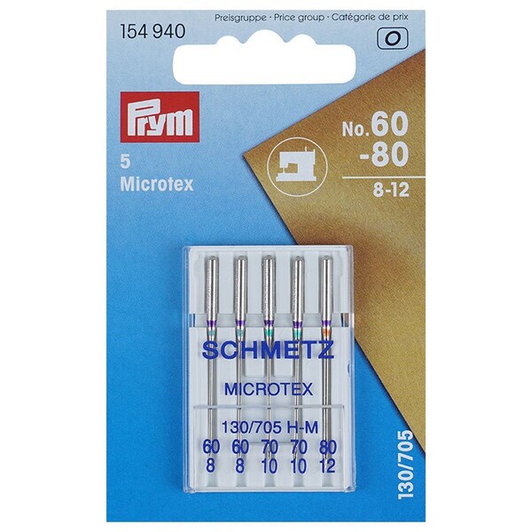 Nähmaschinennadeln Microtex 60-80, Schmetz/Prym, System 130/705 Flachkolben Nadeln für alle Haushaltsnähmaschinen, 5 Stück