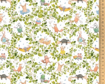 Woven fabric fox, badger and rabbit, green-light blue-brown on white, Sophia Drescher design, acufactum cotton fabric sold by the meter
