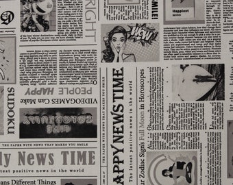 Canvas Baumwolle Webware Zeitung, schwarz auf weiss, "Amar" von Swafing, Dekobaumwolle Stoff Meterware