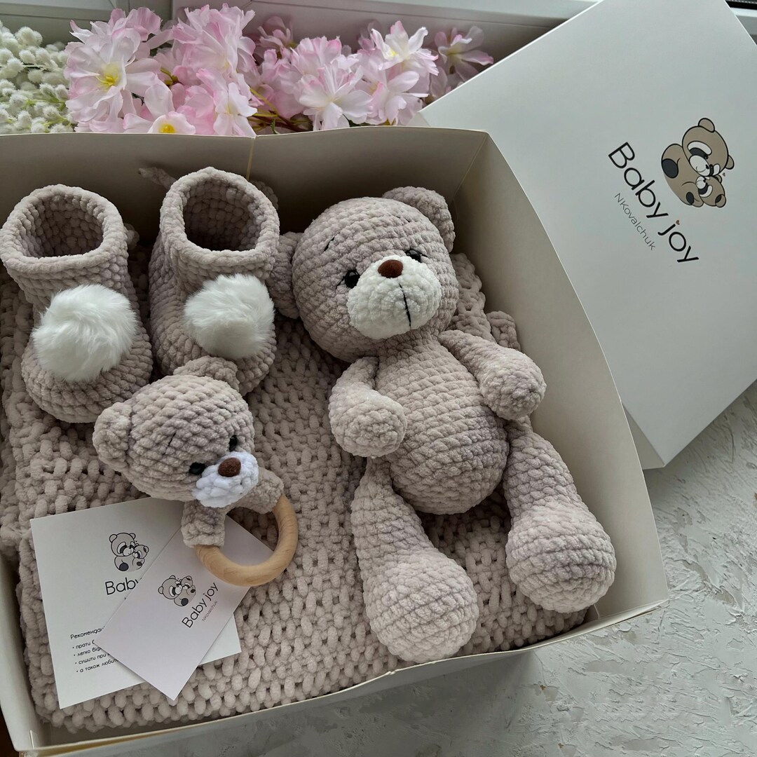 Newborn Gift Set – Crochet Teddy Bear, Baby Booties, Blanket & Rattle ...