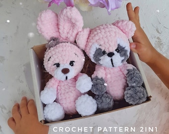 Crochet pattern BUNNY, Crochet RACCOON amigurumi pattern, Plush bunny, Amigurumi rabit, Cute animals pattern, Easy crochet pattern