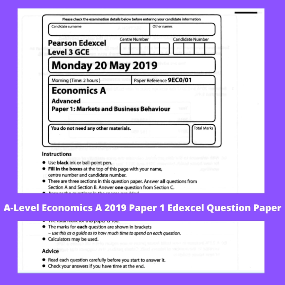 ALevel Economics A 2019 Paper 1 Edexcel Question Paper. Etsy