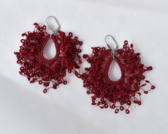 Red fringe earrings, Statement handmade burgundy tassel earrings