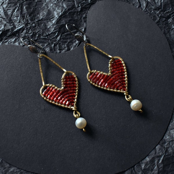 Red heart earrings, Long beaded heart dangle earrings for woman with pearl drop, Statement beaded handmade jewelry bohemian style