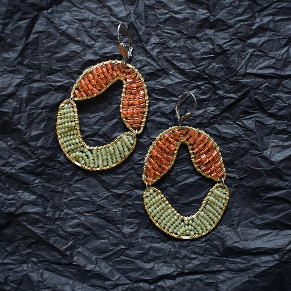 Statement orange green beaded earrings for woman, Modern two tone colorful abstract geometric earrings, Unique handmade bohemian jewelry