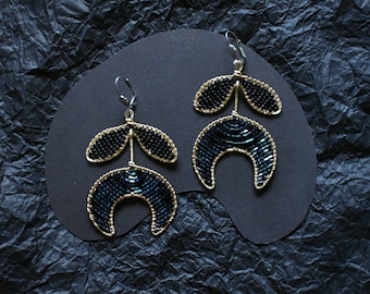 Black crescent boho earrings for woman, Statement long beaded half moon celestial earrings, Unique handmade bohemian jewelry for her