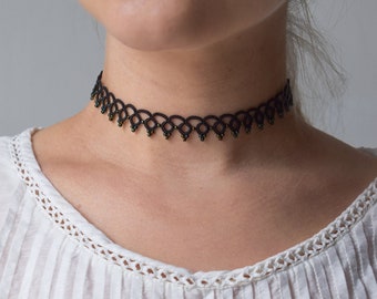 Black lace choker, Hand woven bohemian macrame thin choker necklace for women