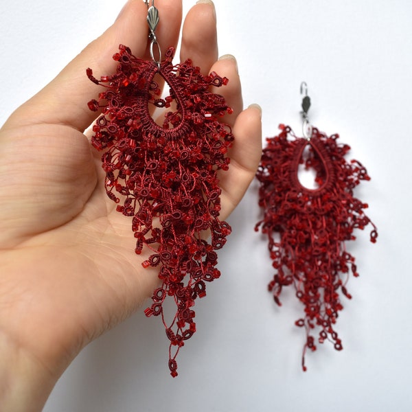 Red tassel earrings, Long beaded modern design fringe earrings, Avant garde earrings