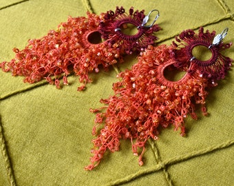 Oversized red earrings, Statement contemporary design handmade fringe earrings, Red avant garde earrings