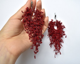 Red tassel earrings, Long beaded modern design fringe earrings, Avant garde earrings