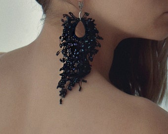 Black tassel chandelier earrings for woman, Statement long handmade bohemian fringe earrings, Unique modern boho jewelry for her