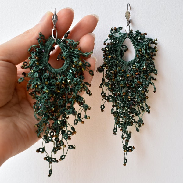 Green tassel earrings, Statement long emerald green fringe hoop dangle earrings for women,  Unique handmade jewelry