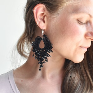 Black Tassel Earrings: Handmade Beaded Fringe, Bohemian Jewelry
