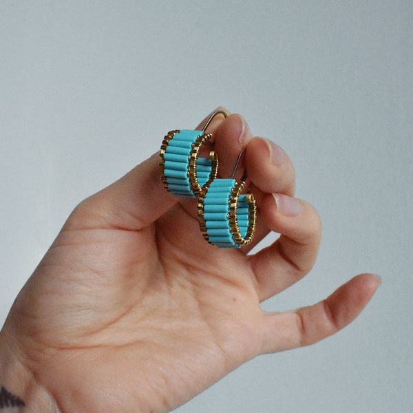 Turquoise hoop earrings beaded for women, Cute boho dangle earrings, Handmade blue beads original ring earrings, Bohemian jewelry for her