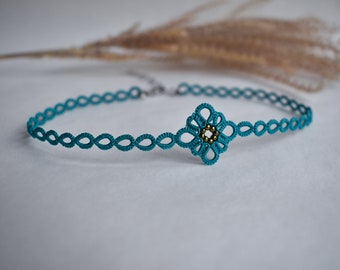 Turquoise lace choker, Hand woven bohemian thin choker necklace for women