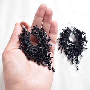 Black Tassel Earrings: Handmade Macrame Fringe Chandelier Earrings
