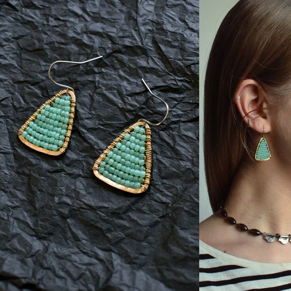 Beaded triangle earrings for women, Dainty small bohemian mint green colorful geometric dangle earrings, Unique handmade jewelry for her