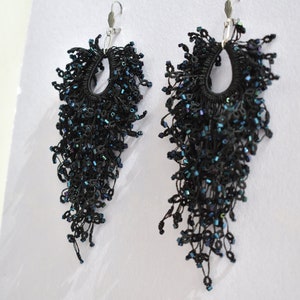 Black Tassel Chandelier Earrings: Handmade Beaded Fringe, Bohemian Jewelry