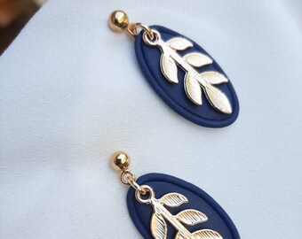 Navy and gold dangling earrings || leaf earrings || polymer clay earrings || handmade in Ireland || gifts for her