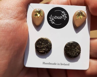 Black, beige and gold stud pack || stud earrings || statement stud earrings || polymer clay earrings || handmade in Ireland || Dúil
