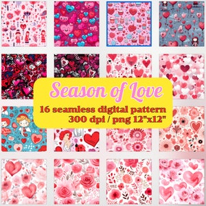 Verbreiten Sie die Liebe digital: 16 nahtlose Muster für Valentinstag Liebe druckbares Papier, Hintergrund, Scrapbook-Papier, Liebes-Papier, Geschenkverpackung