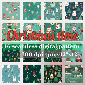 Pode incluir: Um conjunto de 16 padrões digitais sem costura com vários temas natalinos. Os padrões incluem ilustrações do Papai Noel, renas, presentes, enfeites e outros elementos festivos. Os padrões estão em um esquema de cores verde e vermelho e são perfeitos para criar artesanato natalino, papel de embrulho e outros projetos festivos.