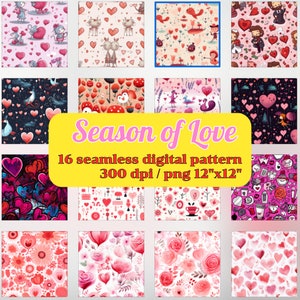 Verbreite die Liebe digital: 16 nahtlose Muster zum Valentinstag Liebe druckbares Papier, Hintergrund, Scrapbook-Papier, Liebespapier, Geschenkverpackung