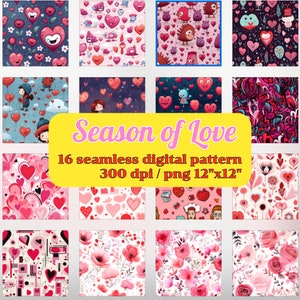 Verbreite die Liebe digital: 16 nahtlose Muster zum Valentinstag Liebe druckbares Papier, Hintergrund, Scrapbook-Papier, Liebespapier, Geschenkverpackung