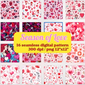 Verbreite die Liebe digital: 16 nahtlose Muster zum Valentinstag Liebe druckbares Papier, Hintergrund, Scrapbook-Papier, Liebespapier, Geschenkverpackung