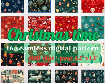 16 Christmas Digital Seamless Patterns: Printable Paper (PNG 12x12) (Digital Download)