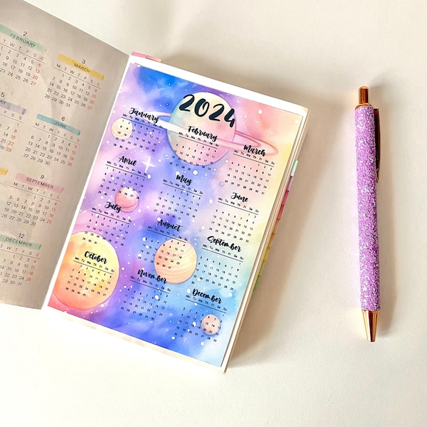 2024 Full Page Planner Sticker, Watercolour Planets Jumbo Calendar Sticker for A5 A6 B6 Journals Notebooks Diaries With Monday Start