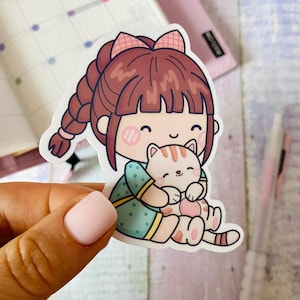 Adesivo fustellato Cozy Cat Cuddles, adesivo lucido kawaii paffuto carino per Kindle, accessori di cancelleria pastello per pianificatori e organizzatori