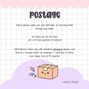 May include: A digital illustration with the word "Postage" in a purple, handwritten font. The image includes text about Etsy delivery estimates and shipping options. A cartoon box with a smiling face is at the bottom.