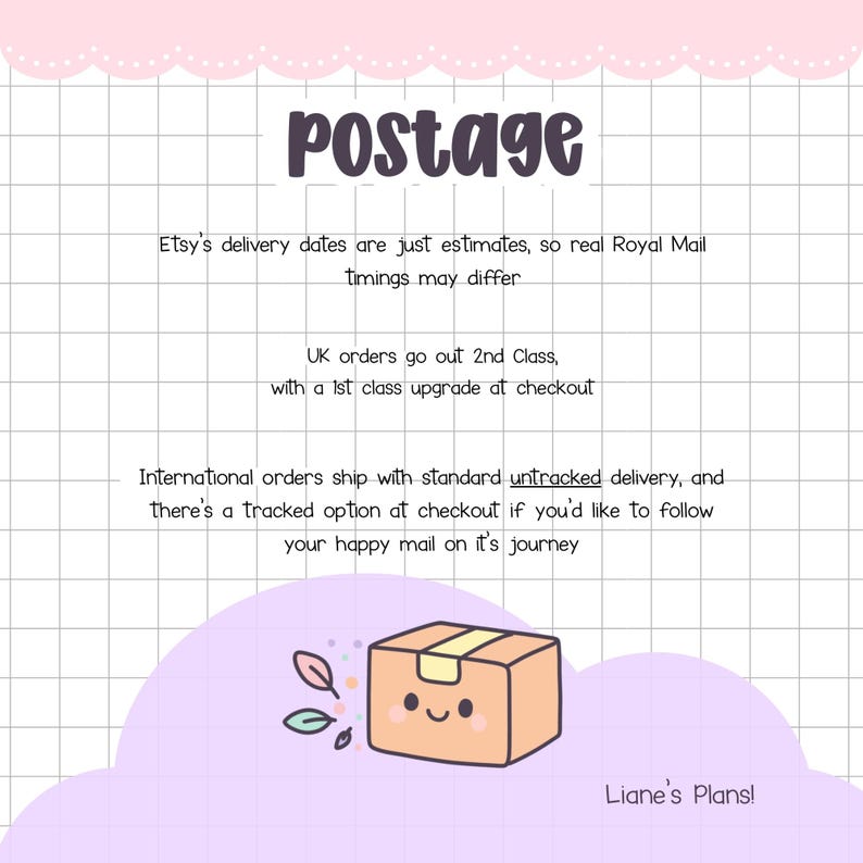 May include: A digital illustration with the word "Postage" in a purple, handwritten font. The image includes text about Etsy delivery estimates and shipping options. A cartoon box with a smiling face is at the bottom.