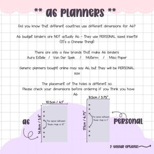 May include: A graphic comparing A6 and Personal planner sizes, with dimensions in inches and centimeters. The text explains that A6 budget binders often use Personal-sized inserts. The image includes the text "A6 Planners" and "2: Colour Options!"