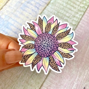 Vinilo pegatina de girasol feliz, troquelado con estampado de leopardo arcoíris, calcomanía para portátil con símbolo de iluminación y planificador Deco
