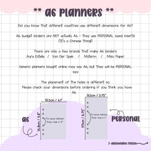 May include: An informational graphic titled A6 PLANNERS with text explaining size differences between A6 and personal binders. It includes two diagrams with measurements in cm and inches, showing hole spacing and dimensions for A6 and personal sizes.