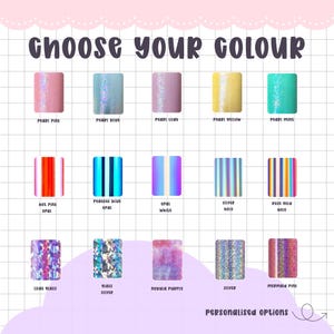 May include: An image with the text "CHOOSE YOUR COLOUR" displays various color options, including Pearl Pink, Pearl Dive, Pearl Lilac, Pearl Yellow, and Pearl Mint. Other options include Hot Pink Opal, Peacock Blue Opal, Opal White, Silver Hold, and Rose Gold Hold.