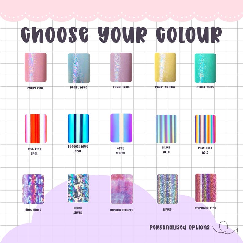 May include: An image with the text "CHOOSE YOUR COLOUR" displays various color options, including Pearl Pink, Pearl Dive, Pearl Lilac, Pearl Yellow, and Pearl Mint. Other options include Hot Pink Opal, Peacock Blue Opal, Opal White, Silver Hold, and Rose Gold Hold.