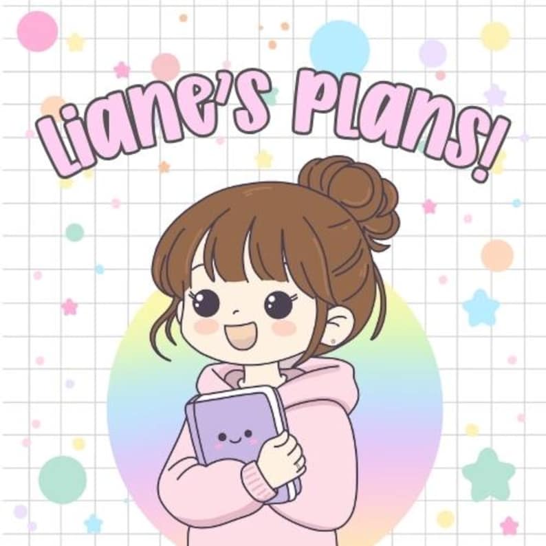 May include: A cartoon illustration of a person with brown hair in a bun, wearing a pink hoodie, holding a purple book. The text "Liane's Plans!" is above the person. The background is a grid with pastel colors and stars.