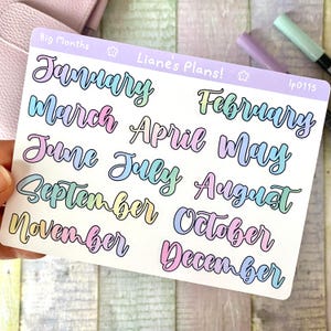 May include: A rectangular sticker sheet titled Big Months by Liane's Plans, featuring twelve individual month names from January to December in a colourful, gradient cursive font. The header is light purple with white star icons and code lp0115.