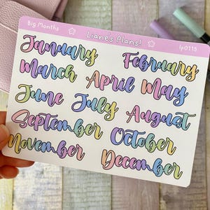 12 grandi adesivi per planner con i mesi dell'anno, grandi adesivi con scritte arcobaleno per planner, diari, raccoglitori e scrapbooking.