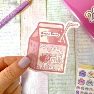 Strawberry Milk Kawaii Sticker, Glossy Die Cut Vinyl Sticker, Pink Aesthetic Journal Sticker