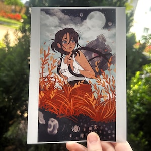 May include: Illustration of a woman with dark hair, wearing a white tank top and orange pants, carrying a backpack. She stands in tall, orange grass under a night sky with a full moon. The image has a digital art style.