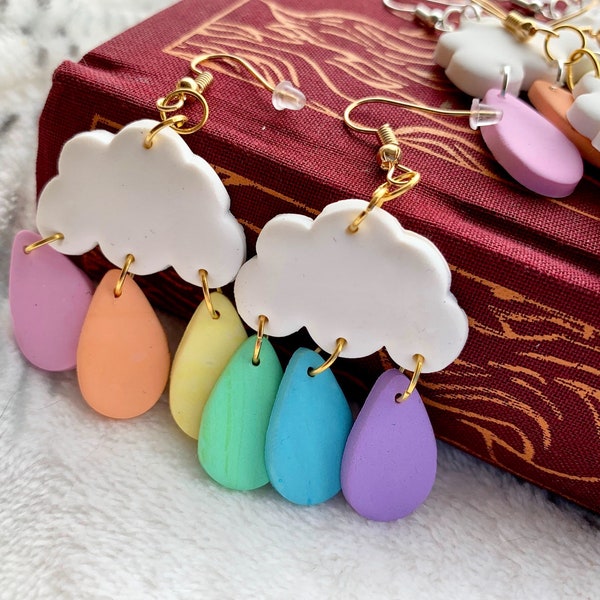 Pastel rainbow cloud and raindrop polymer clay drop earrings