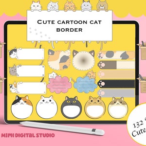 May include: A set of 132 digital cat border PNG files. The image shows a variety of cute cartoon cats in different poses and colors. The borders are perfect for adding a touch of whimsy to your digital projects.
