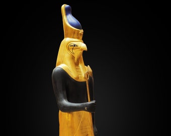 Schwarz-goldene große Gott Horus-Statuette, Horus-Statue, Gott des Himmels, ägyptischer Horus, Falkengott. aus Fiberglas - made in Ägypten